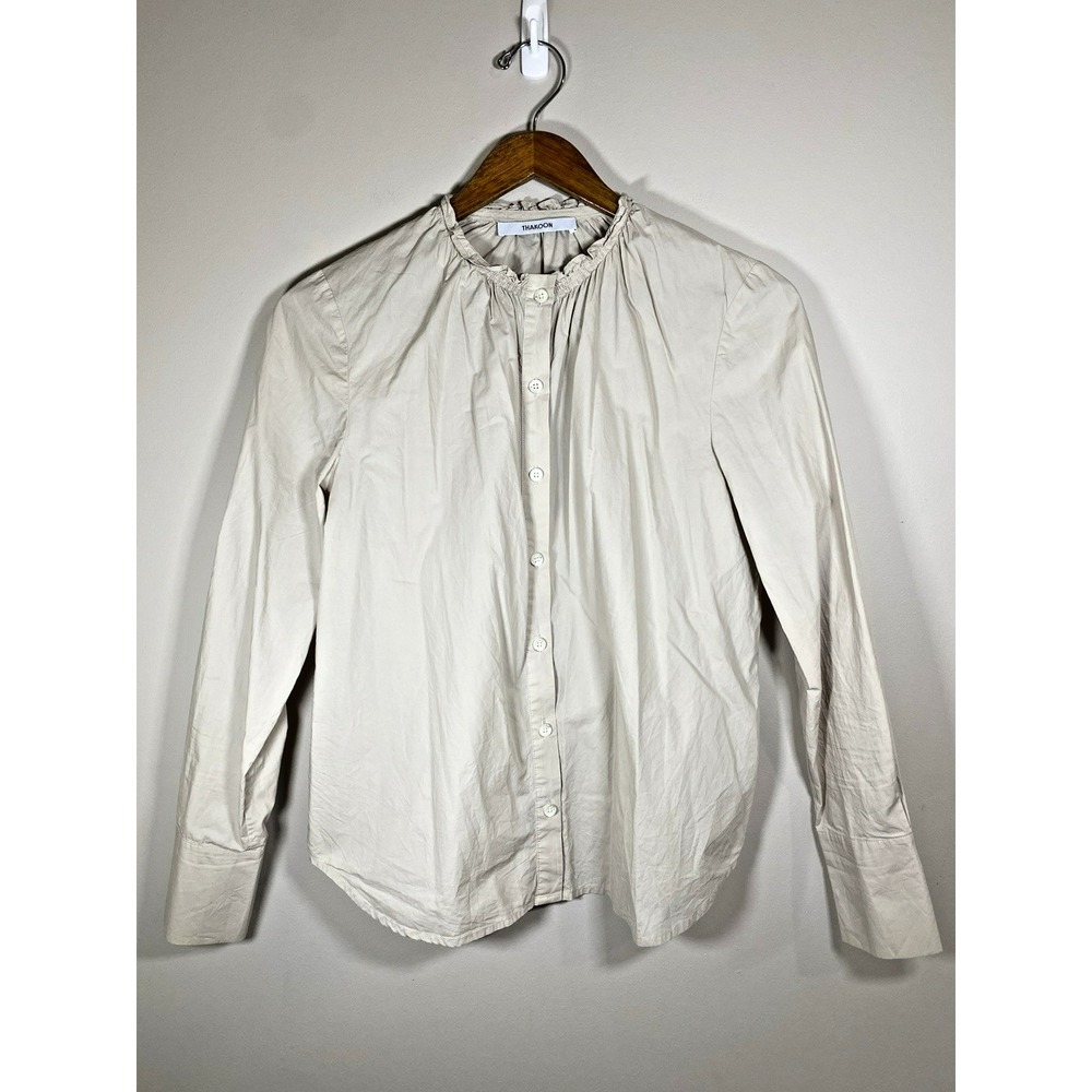 Thakoon Button Up Women Small Beige Smocked Ruffle Neck Poplin Button Down Shirt